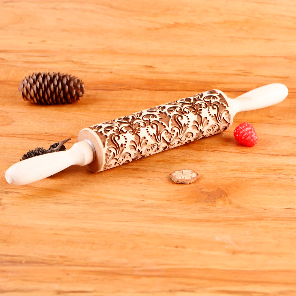 Arjmide 35X4.5CM Deep Engraved Wooden Rose Flower Embossed Rolling Pin for Baking 3D Cookies Mold Tools ZM153