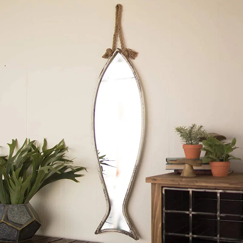 Industrial Iron Full-length Mirror  Fish-shaped Vintage Dressing Glass  Shatter-proof Wall Mount  Retro Home Try-on Decor