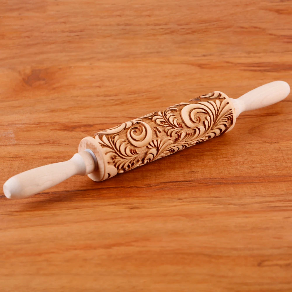 Arjmide 35X4.5CM Deep Engraved Wooden Rose Flower Embossed Rolling Pin for Baking 3D Cookies Mold Tools ZM153