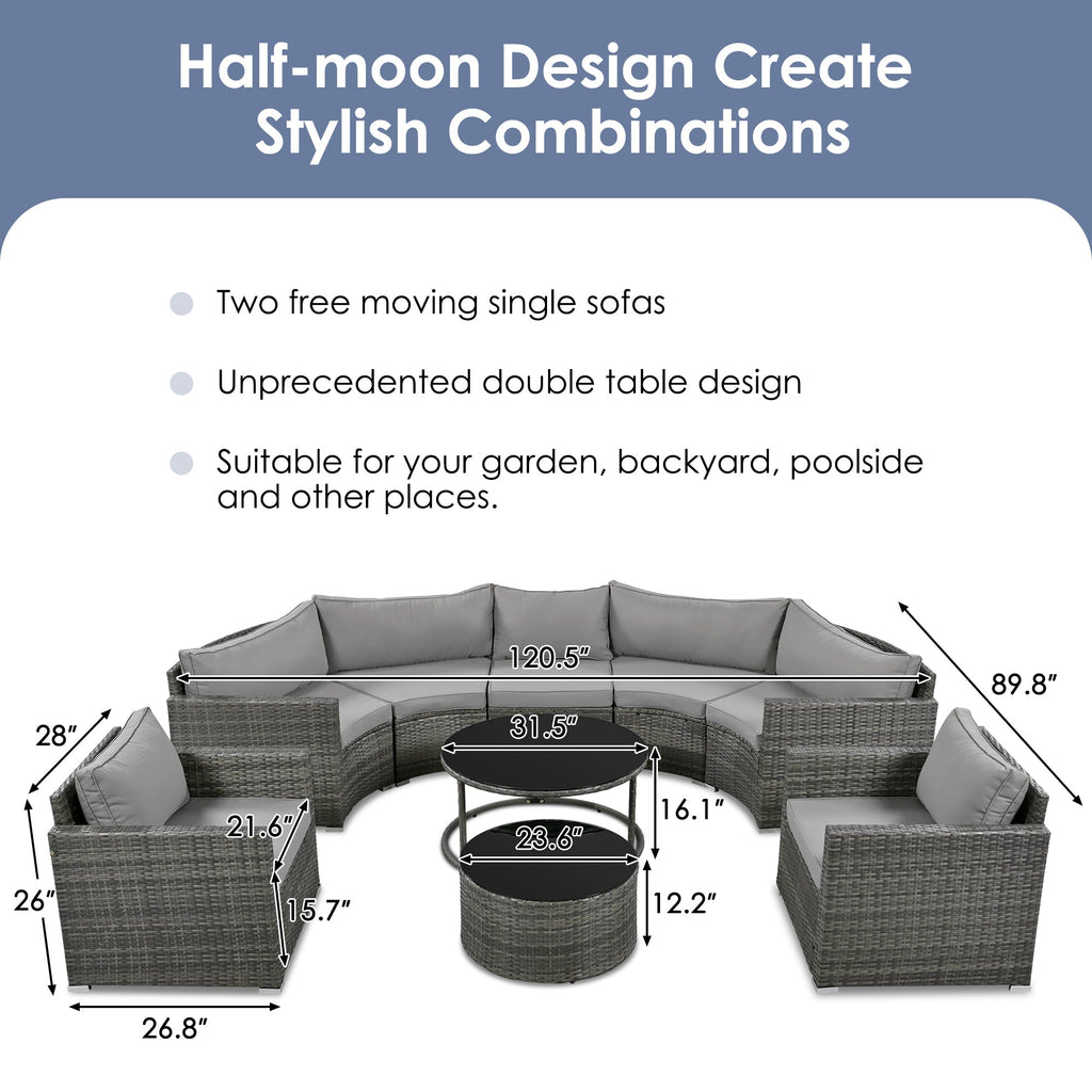9-Pieces Outdoor Half-moon Patio Sofa Set, Round Sofa Set, Modern  SHIPPING ONLY IN USA