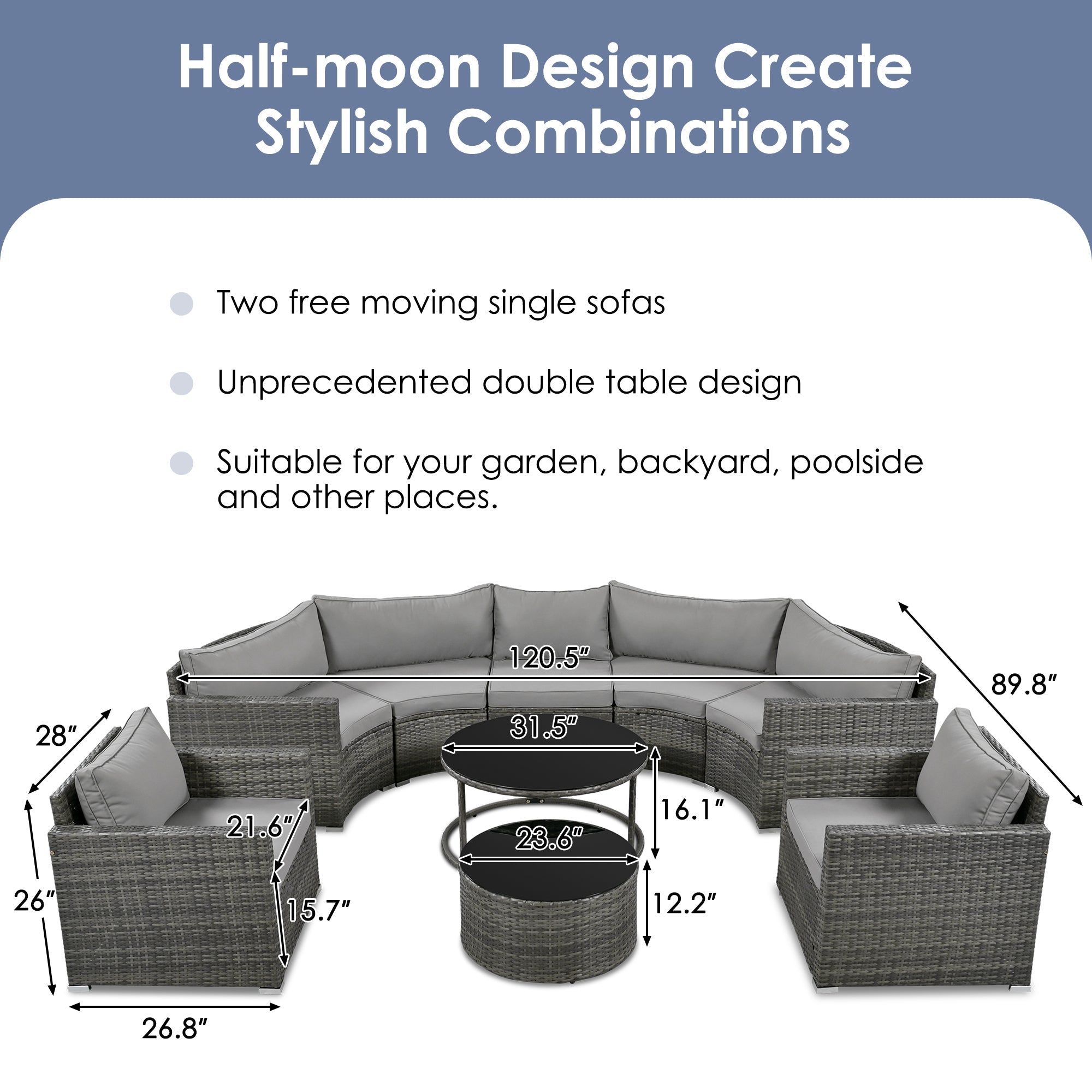 9-Pieces Outdoor Half-moon Patio Sofa Set, Round Sofa Set, Modern  SHIPPING ONLY IN USA