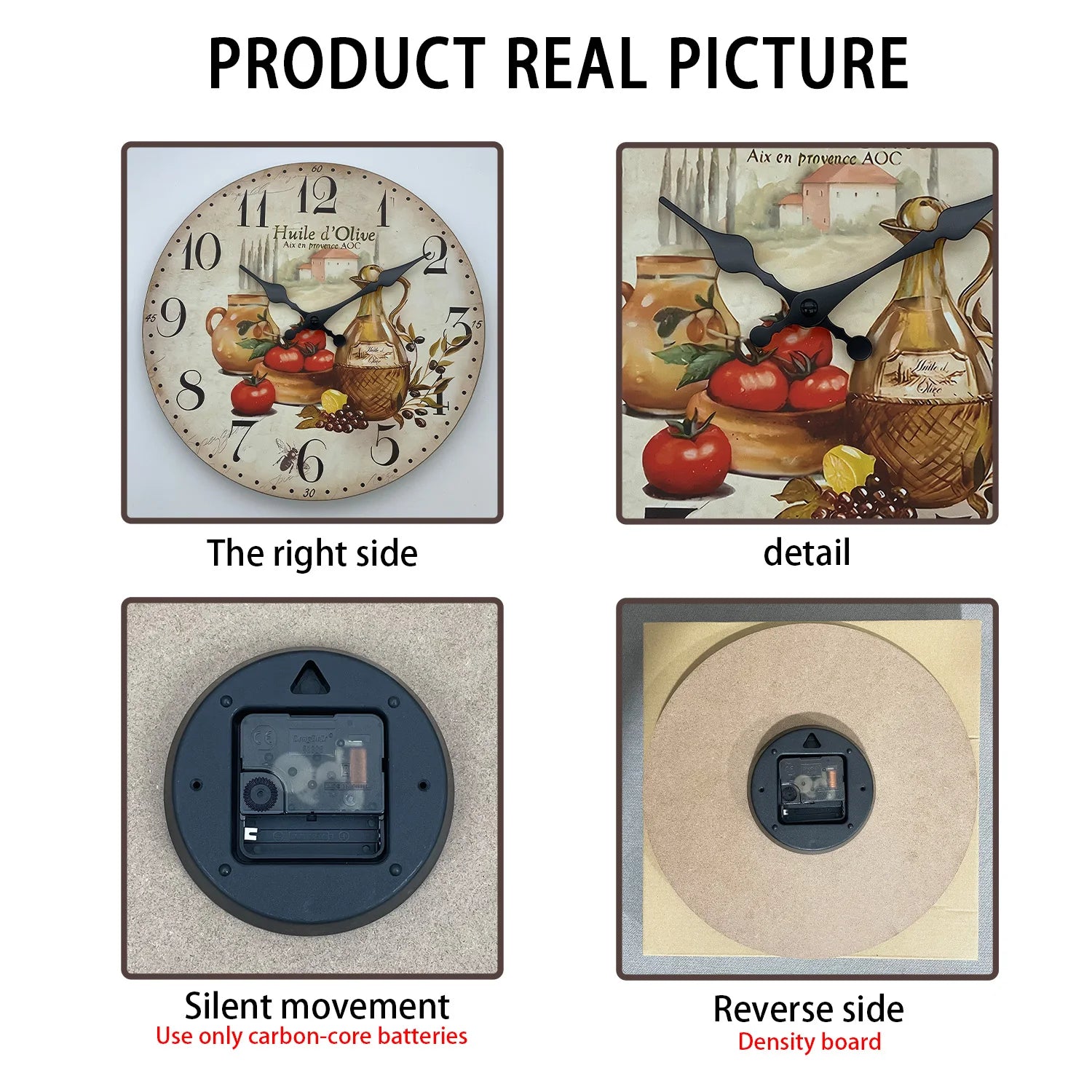 Retro Provence Olive Oil and Tomato Pattern Wooden Wall Clock Living Room Bedroom Kitchen Home Decoration Wall Clock Silent Quartz Clock Holiday Gift 10 Inches 12 Inches 14 Inches 16inch (Without Batteries)