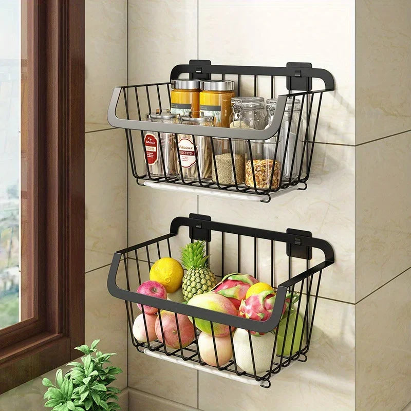 Kitchen Storage Basket Stainless Steel Fruit Vegetable Drain Storage Organizer Wall Mounted Spice Rack Dish Shelf Kitchen Tool