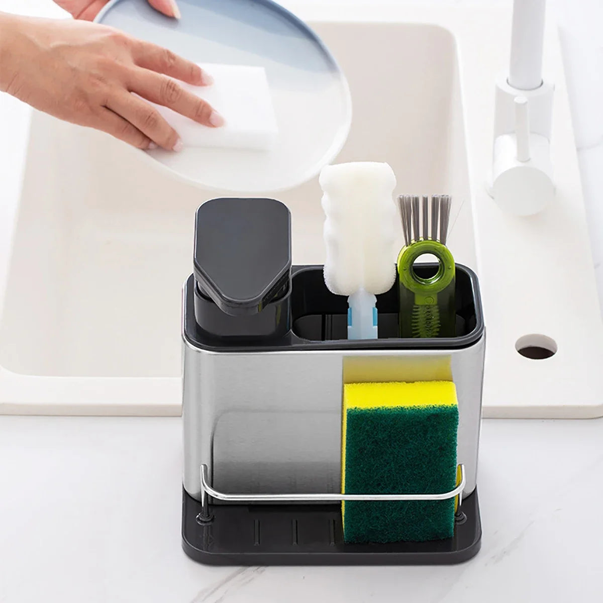 Stainless Steel Soap Dispenser + Sponge Holder 2-in-1 Kitchen Cleaning Storage Leak-proof & Easy To Clean