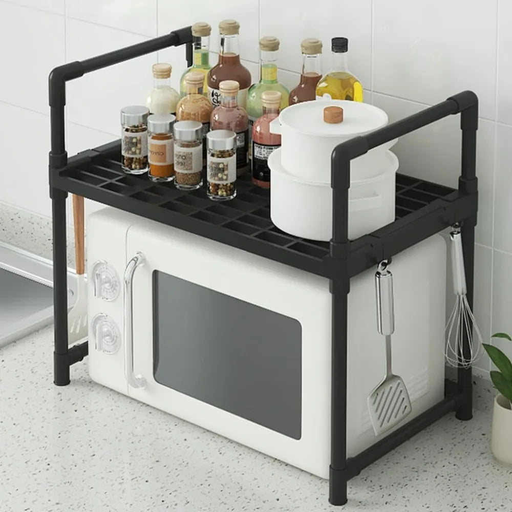 Kitchen Storage Rack Shelf Organizer for Microwave Oven Toaster Spice Bottles with Hooks Adjustable Stand for Home Dining Room