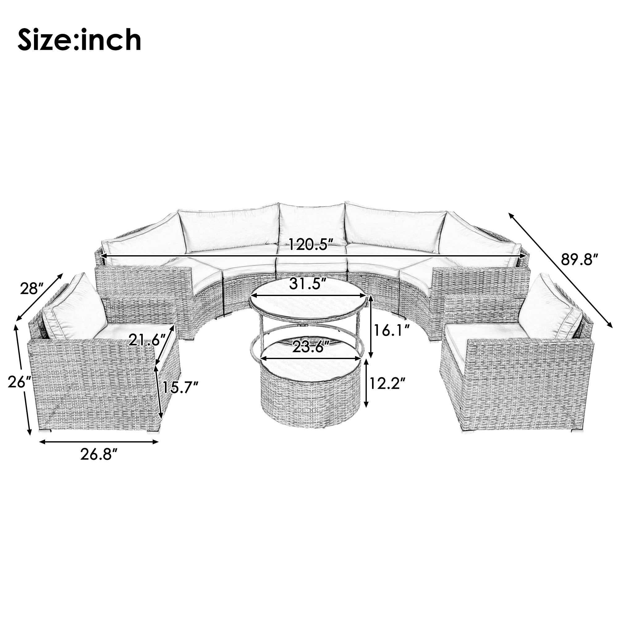 9-Pieces Outdoor Half-moon Patio Sofa Set, Round Sofa Set, Modern  SHIPPING ONLY IN USA