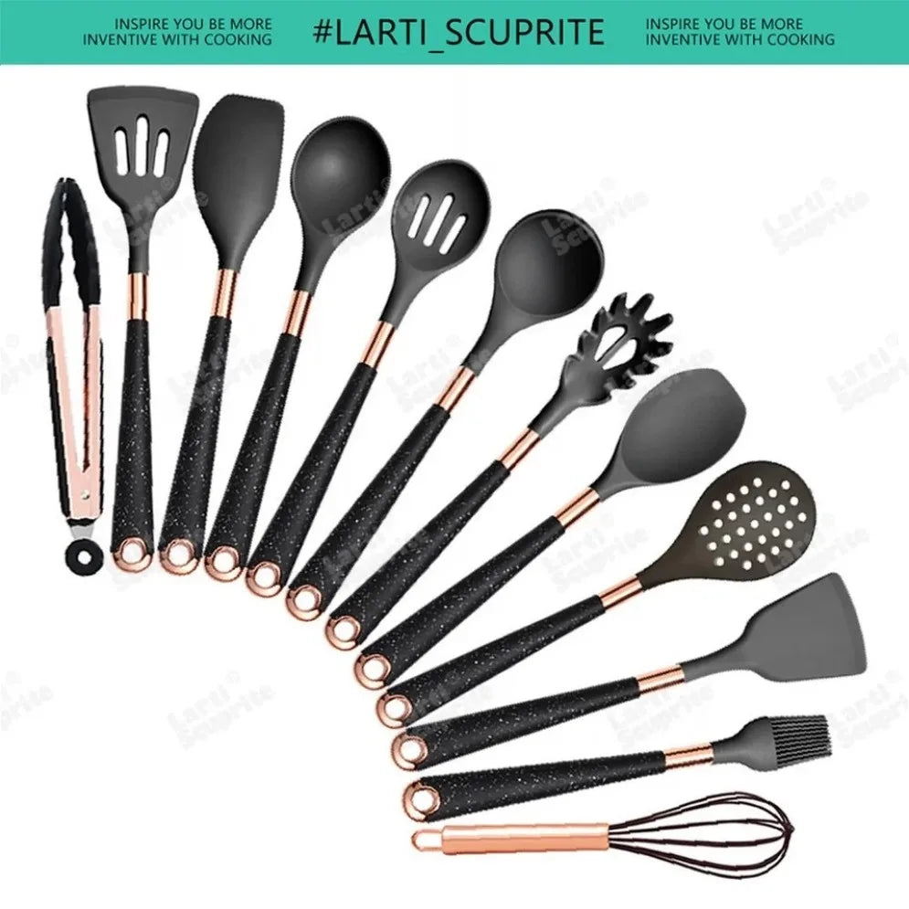 Gold Plated Handle Silicone Cooking Utensils Set Kitchen Non-stick Tool Gadgets BPA FREE Kitchenware Heat Resistant Spatula Set