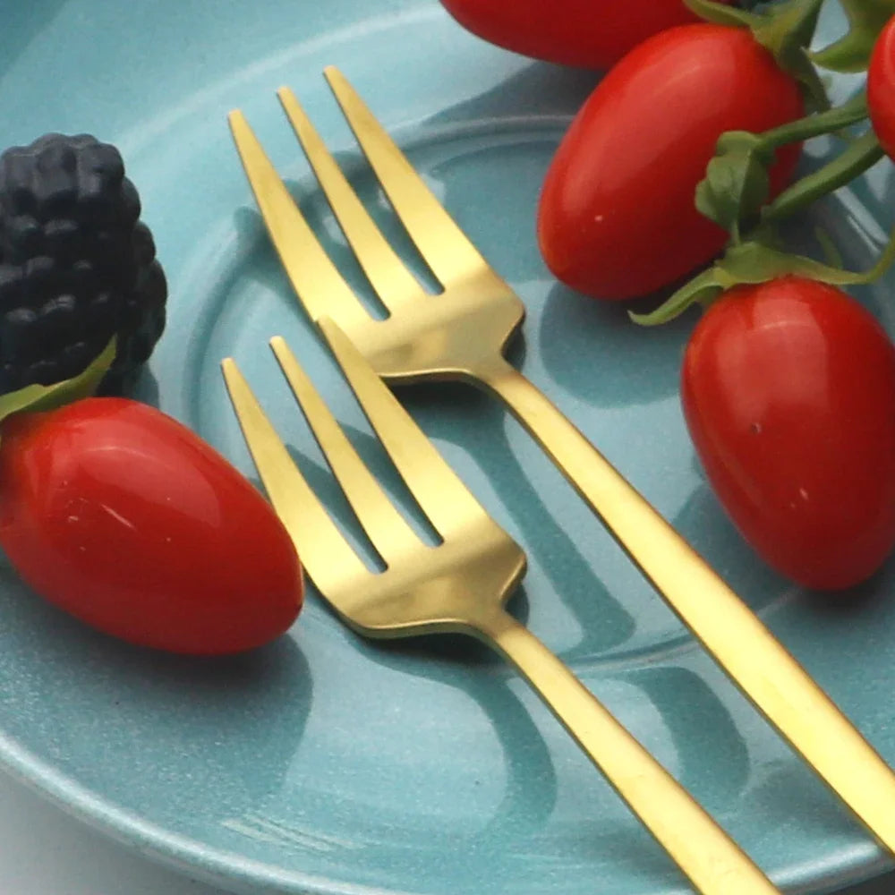6Pcs Stainless Steel Matte Cake Fruit Forks Flatware Silverware Cutlery For Dessert Salad Fork Set Gold Tableware Mini Fork