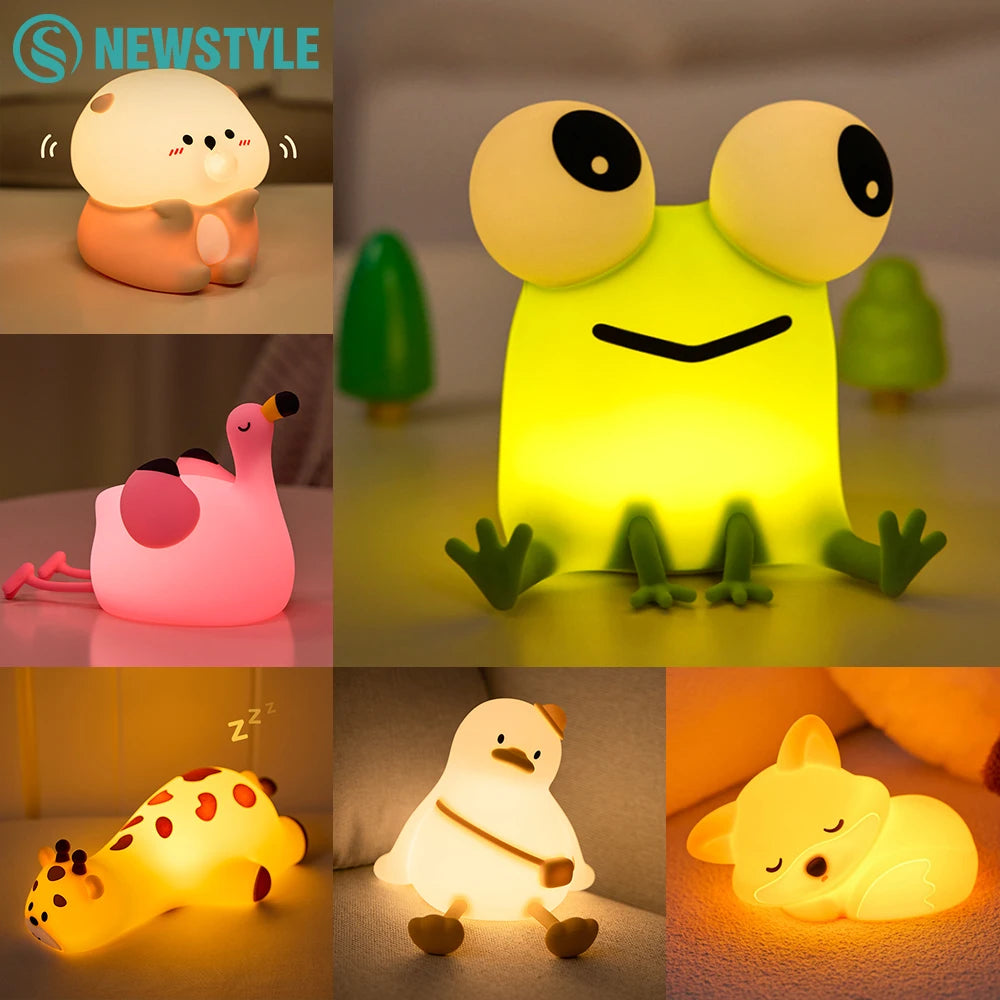 Cute Animal Silicone Night Light Fox Frog Nursery Sleeping Lamp Rechargable Duck Touch Sensor Beside Lamp For Bedroom Decor