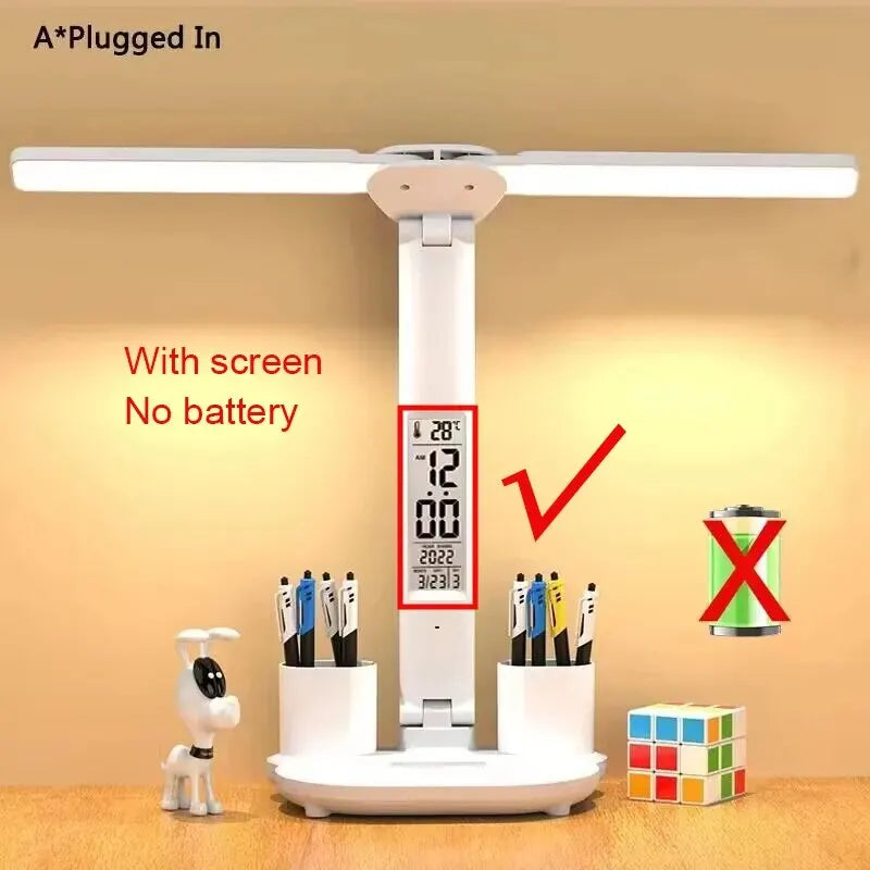 LED Table Lamp USB Chargeable Dimmable Clock Desk Lamps 2 Heads 180 Rotate Foldable Eye Protection Desktop Reading Night Lights
