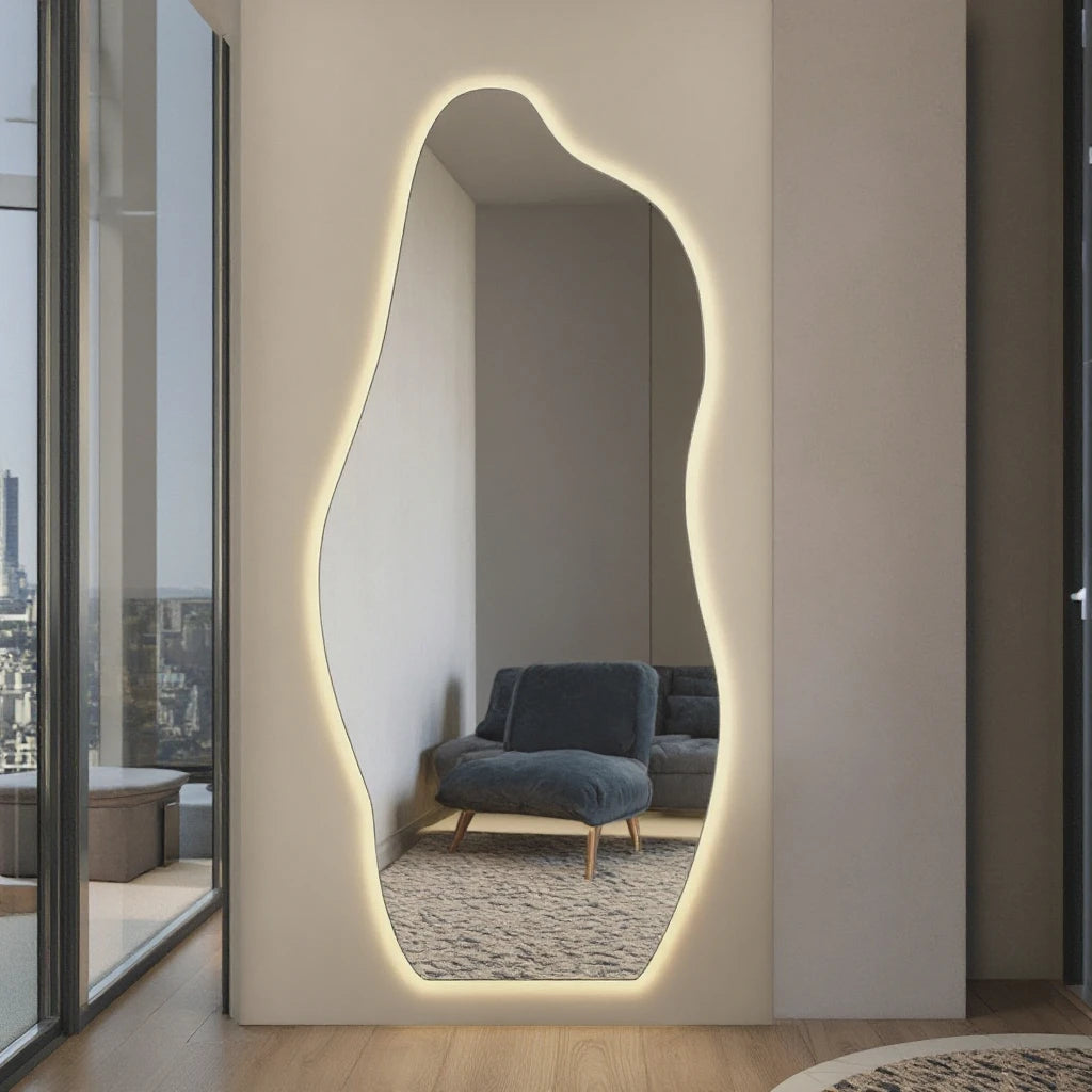 Customized Full Length Floor Mirror Decorative Hanging Living Room Mirror Wavy Shape Anti-Fog Smart Led Nordic Mirror