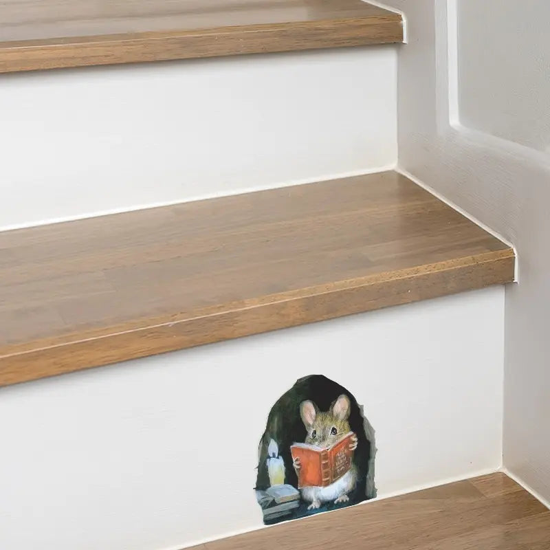 3PC Realistic Reading Mouse Hole Stickers for Corner Stairs Funny Room Decor Pvc Wallpaper for Home Decoration Wall Decal