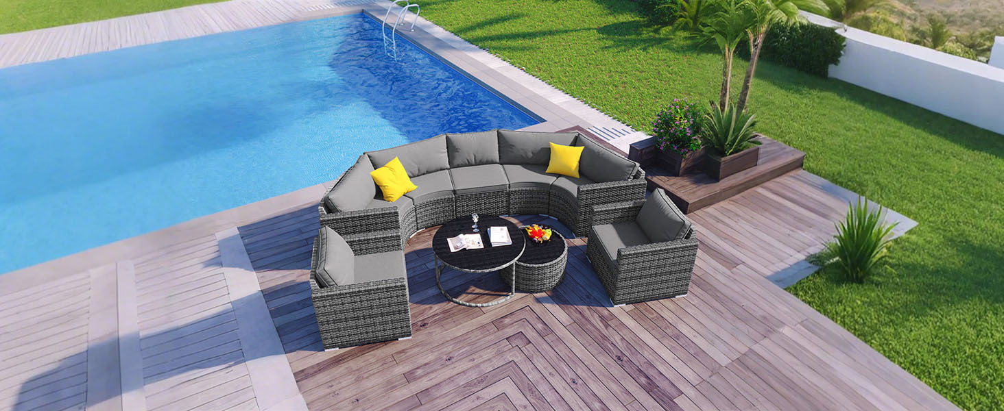 9-Pieces Outdoor Half-moon Patio Sofa Set, Round Sofa Set, Modern  SHIPPING ONLY IN USA