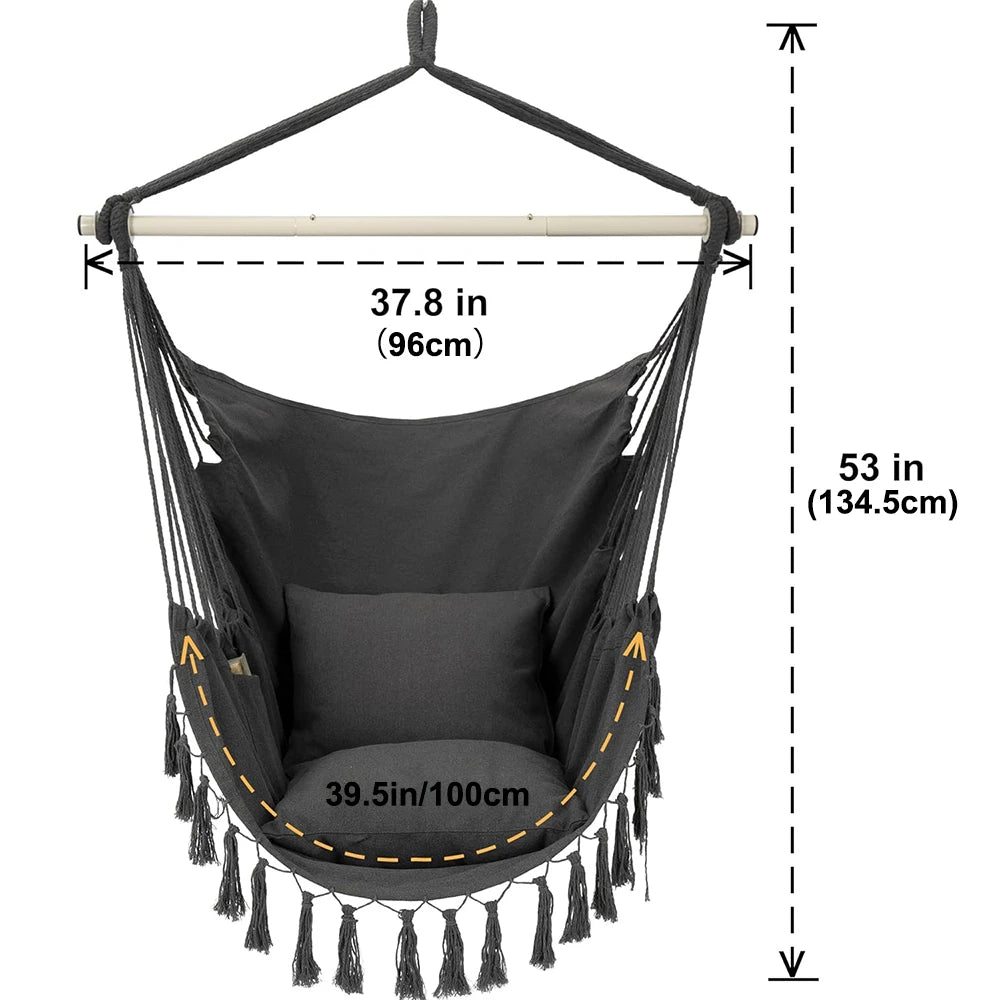 Macrame Hanging Chair with 2 Pillows | 500lb Capacity Cotton Rope Swing | Pocket Design Indoor/Outdoor Use