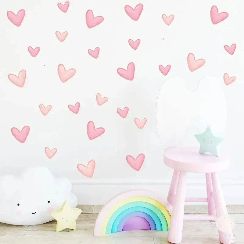 60Pcs Soft Pink Big Small Heart Shape Wall Stickers for Waterproof Removable PVC  Home Decoration