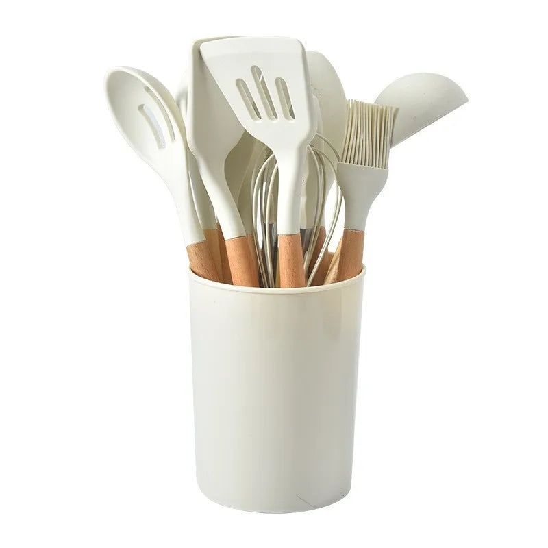 Silicone Kitchen Utensil Set with Wooden Handles Cooking & Baking Tools Including Non-Stick Spatula, Ladle, Whisk & Storage Rack