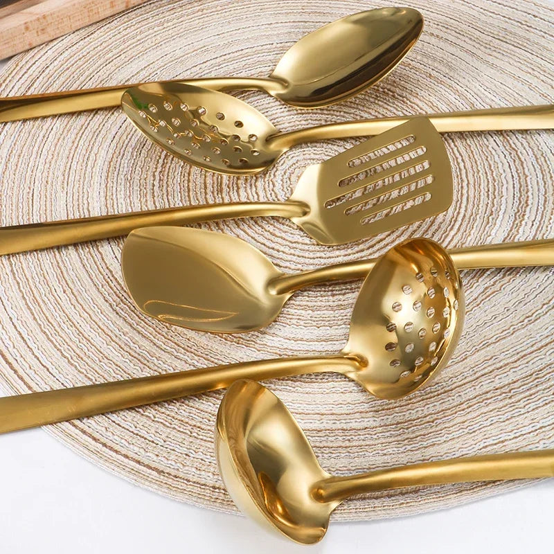 6pcs Korean-style Hot Pot Cutlery Set Stainless Steel Dinnerware Set Home Creative Korean Cutlery Golden spoons Kitchenware Set