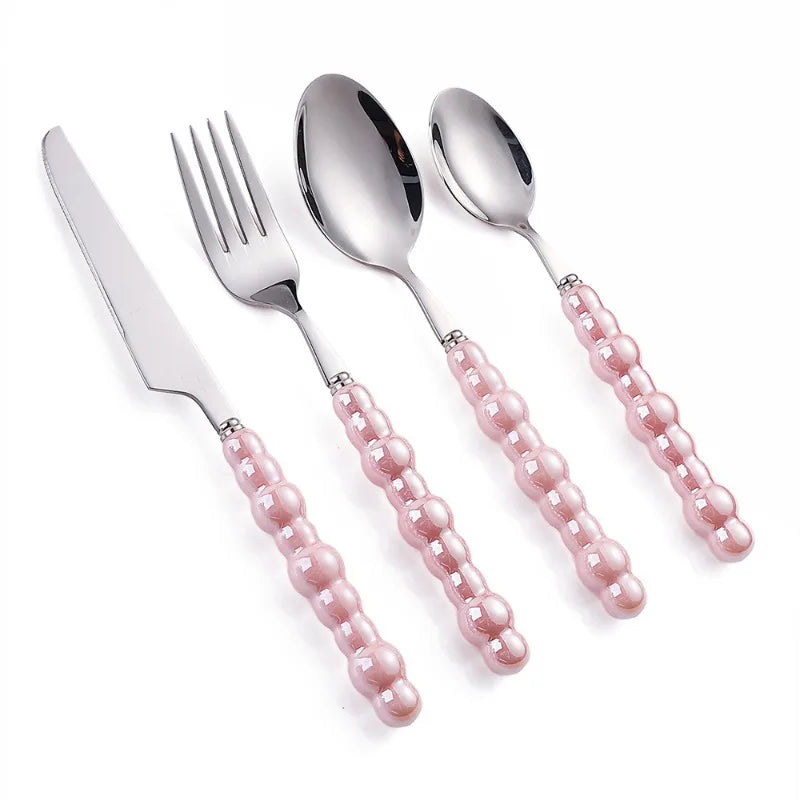 4Pcs/Set Luxury Ceramic Pearl Handle Cutlery Set Knife Fork Spoon Creative Cute Soup Spoon Western Food Steak Knife Spoon Fork
