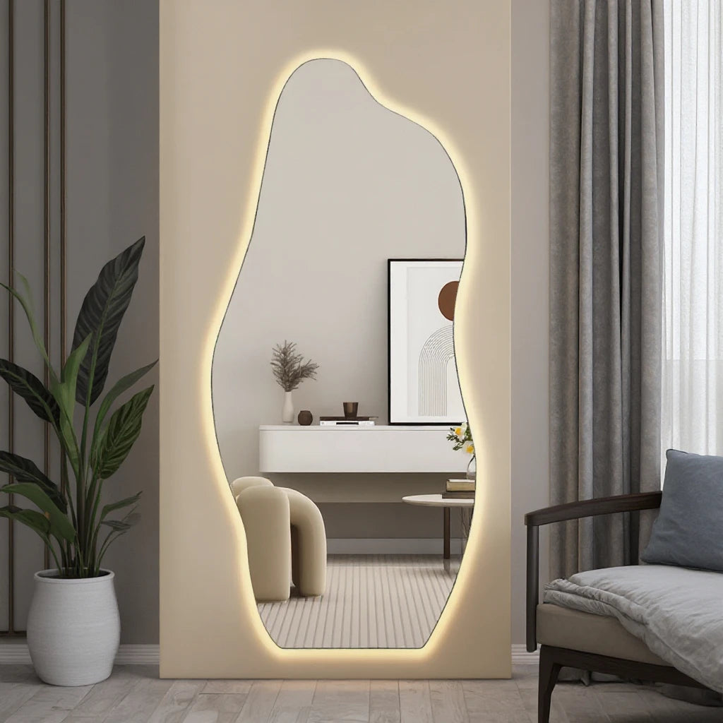 Customized Full Length Floor Mirror Decorative Hanging Living Room Mirror Wavy Shape Anti-Fog Smart Led Nordic Mirror