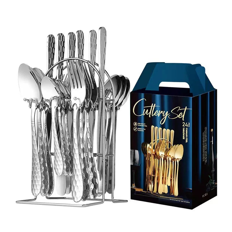 24 Pcs Stainless Steel Cutlery Hammer Pattern Ceramic Handle Knife Fork Spoon Set cutlery set travel cutlery set flatware set