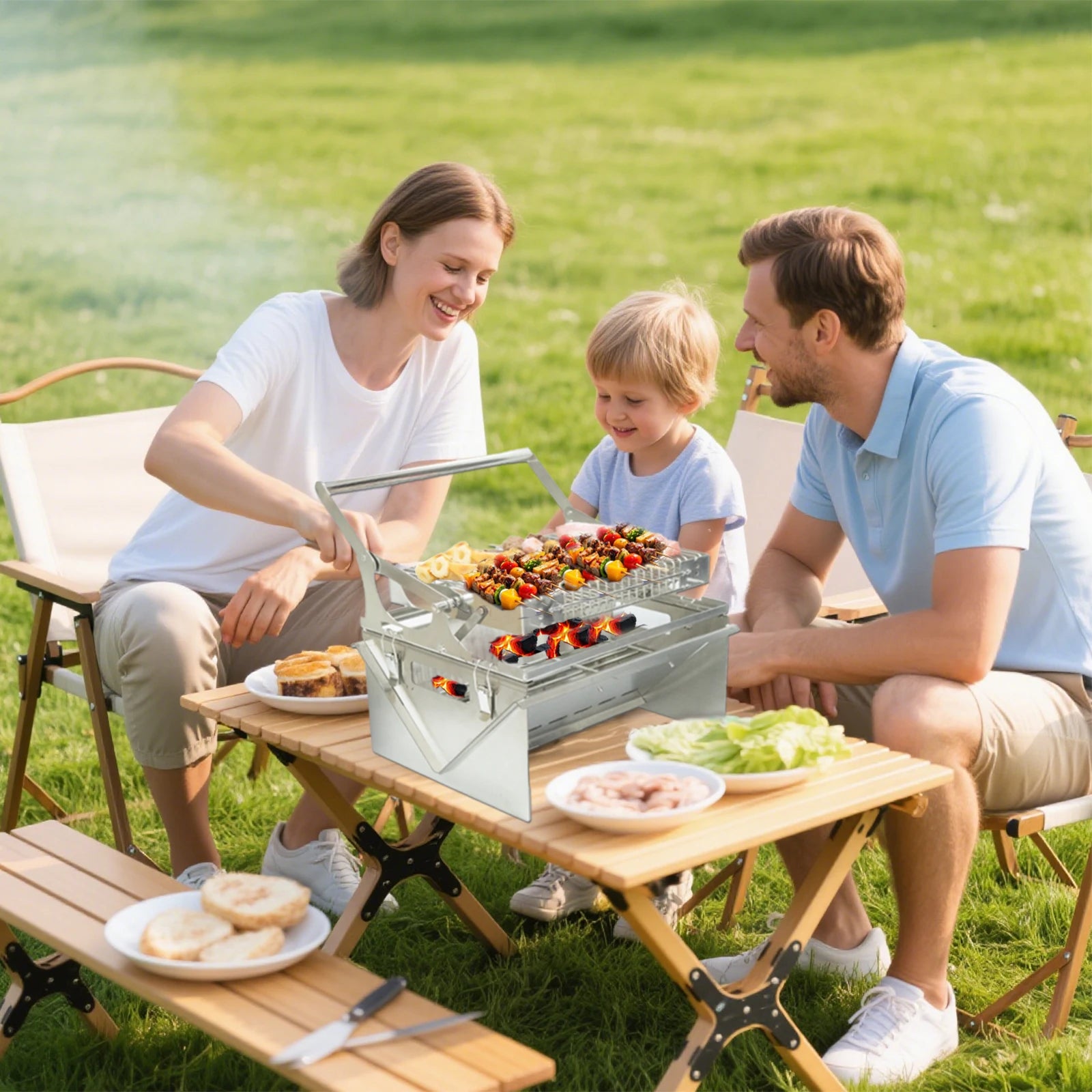 BBQ Grill Camping Turnover The Top BBQ Grid Could Over Turn 360⁰ Through The Handle Charcoal Stainless Steel Grill Foldable