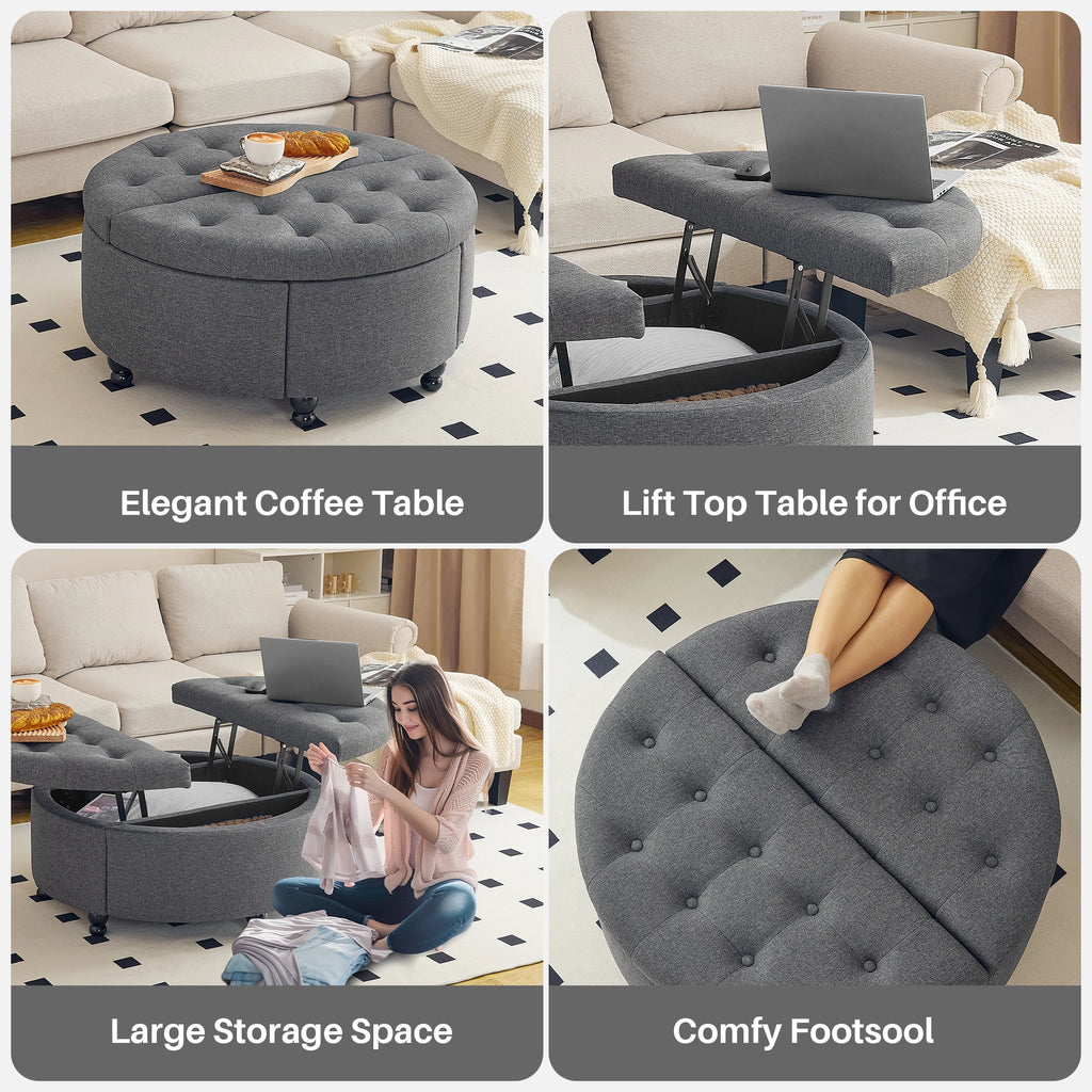 Redlife 35" Round Storage Ottoman， Modern Button Tufted Coffee Table Lift Off Lid  Upholstered Footstool for Living Room Bedroom