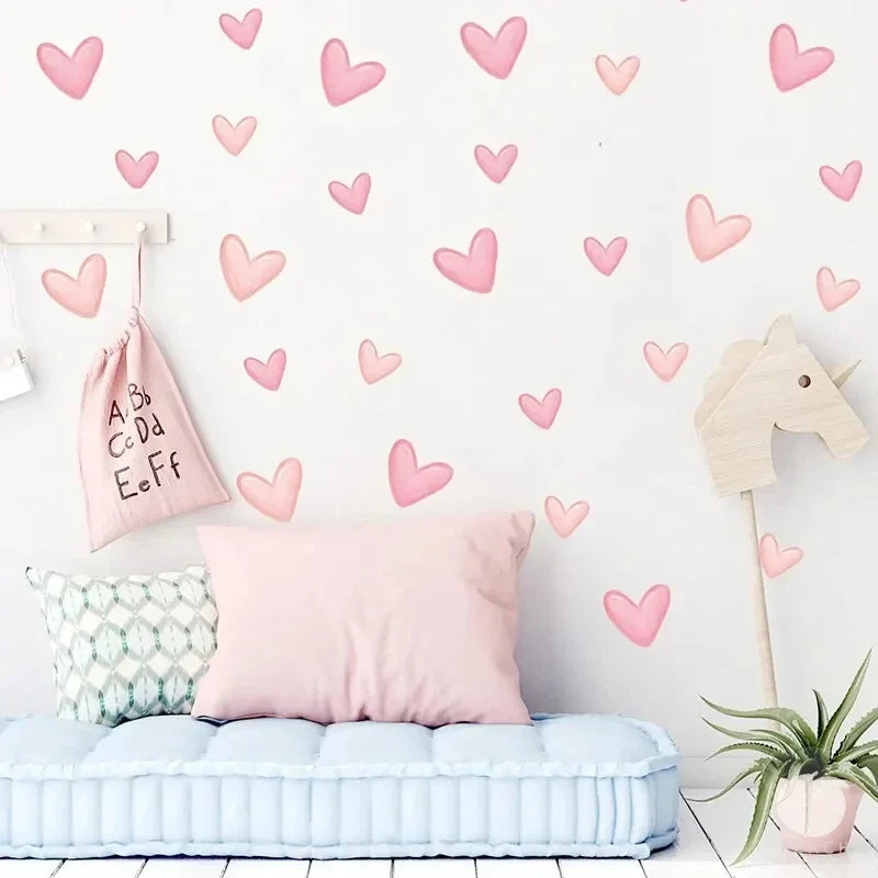 60Pcs Soft Pink Big Small Heart Shape Wall Stickers for Waterproof Removable PVC  Home Decoration