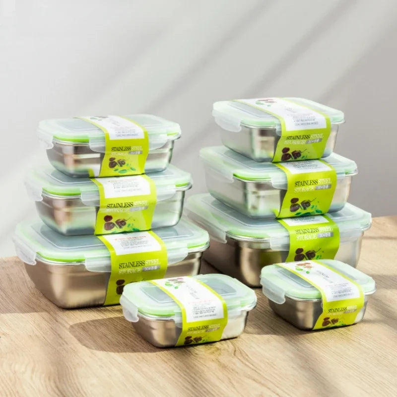 304 Stainless Steel Fresh-keeping Box Sealed Leak Proof Lunch Box Fruit Box with Lid Dumpling Container Refrigerated Storage Box
