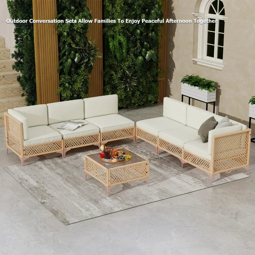 7 Piece Outdoor Patio Furniture Set, Patio Sectional Furniture Set, Wicker Outdoor Couch Sets with Glass Table and Cushions