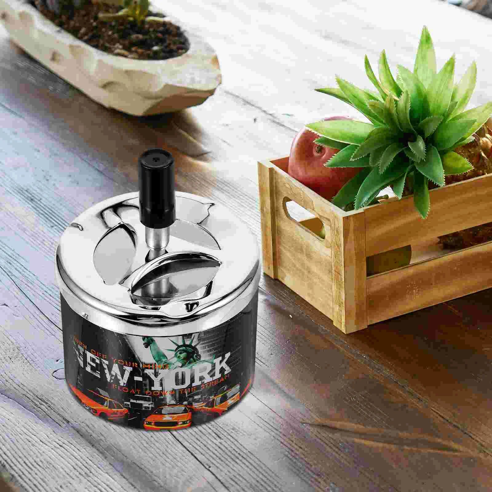 Swivel Lid Ashtray Desktop Personality Car Home Windproof Stainless Steel Round Container