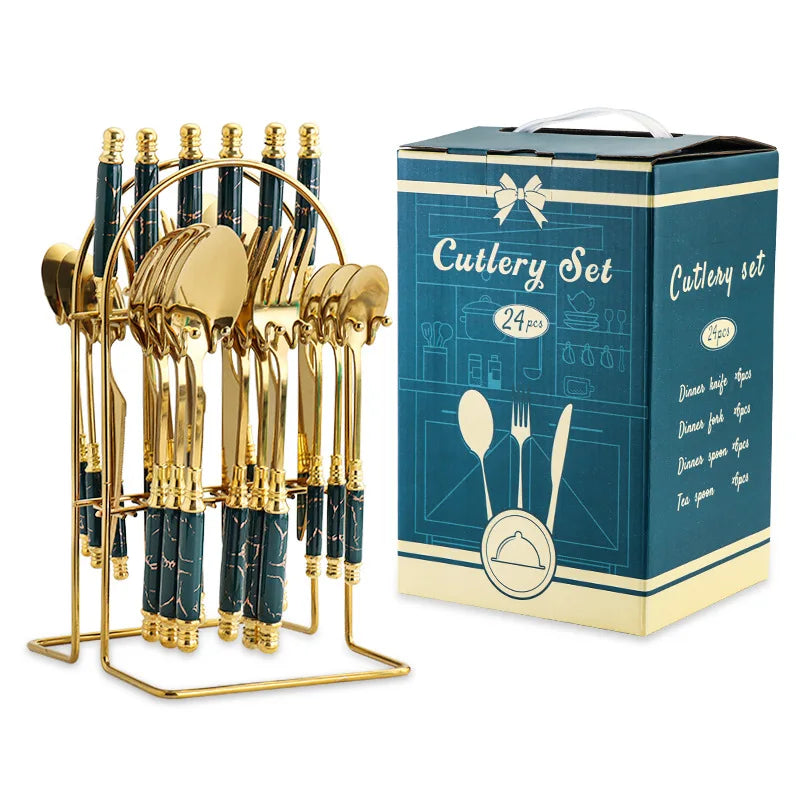 24 Pcs Stainless Steel Cutlery Hammer Pattern Ceramic Handle Knife Fork Spoon Set cutlery set travel cutlery set flatware set