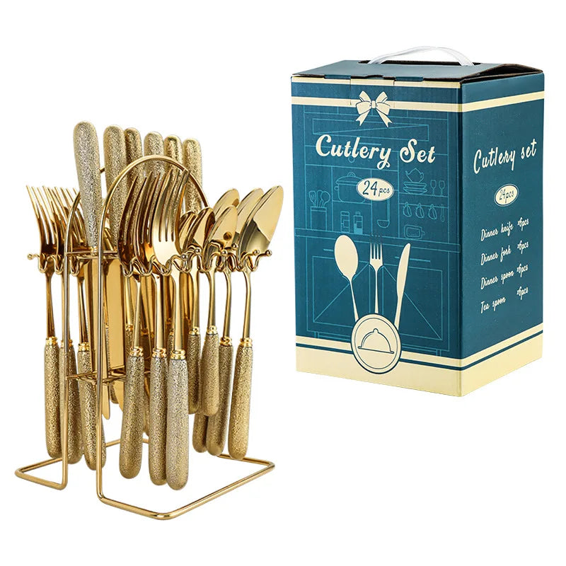 24 Pcs Stainless Steel Cutlery Hammer Pattern Ceramic Handle Knife Fork Spoon Set cutlery set travel cutlery set flatware set