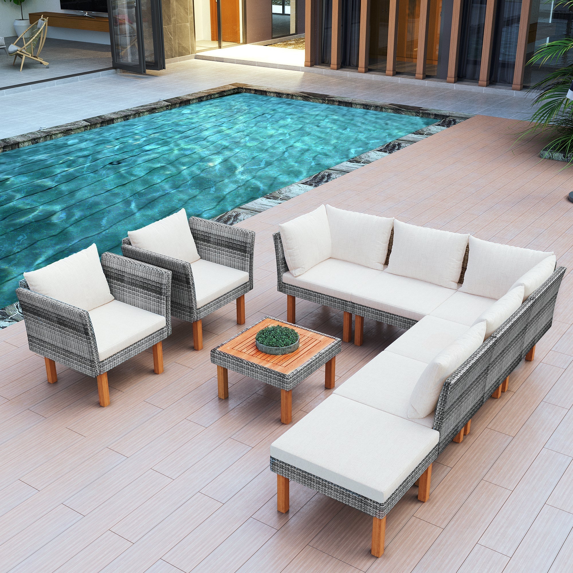 9-Piece Outdoor Patio Garden Wicker Sofa Set, Gray PE Rattan Sofa Set SHIPPING ONLY IN USA
