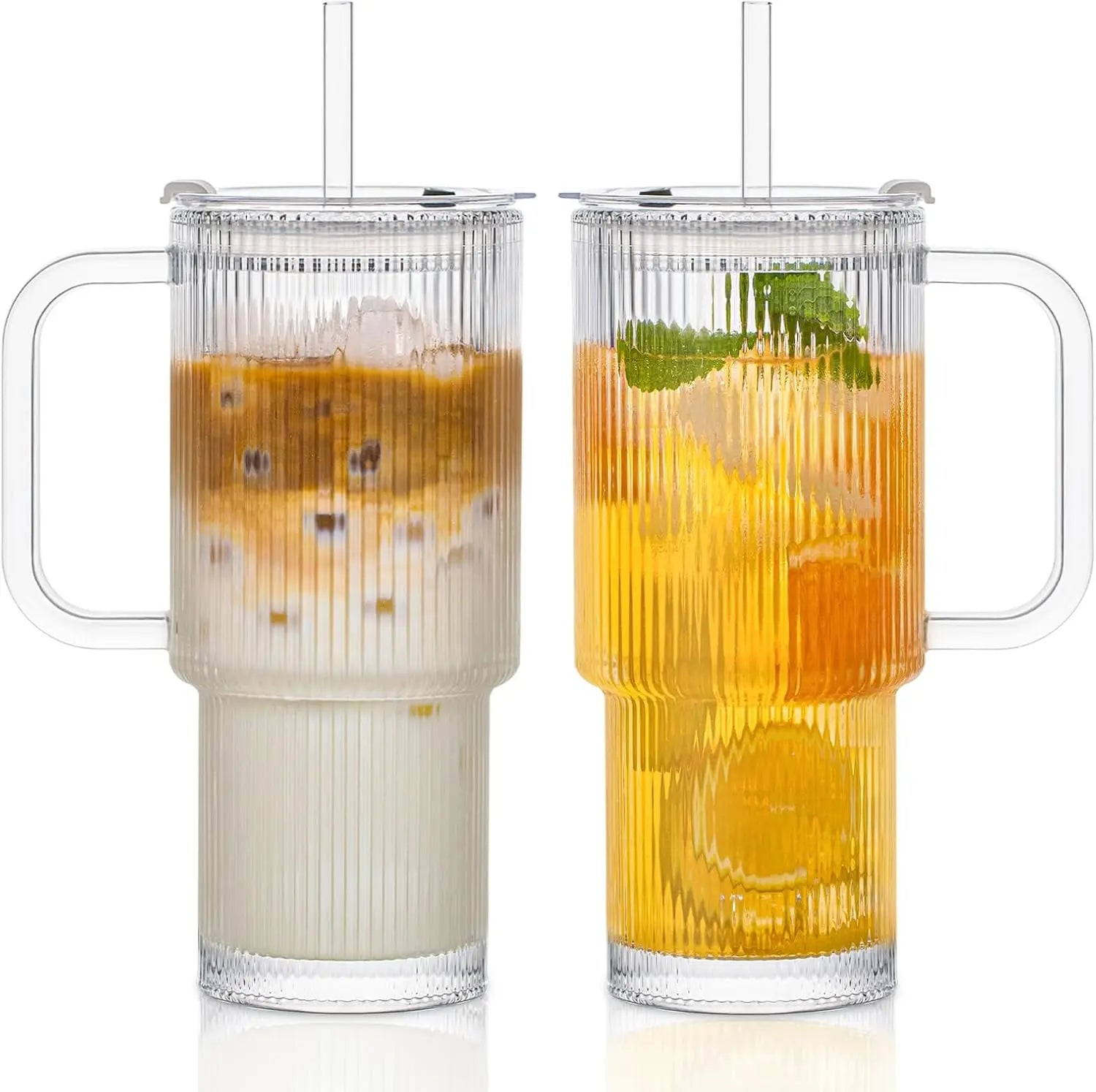 760ML Ribbed Glass Tumbler with Handle Lid 1/2/4PCS Large Iced Coffee Cups with Straws Modern Glass Mug for Cold & Hot Beverages