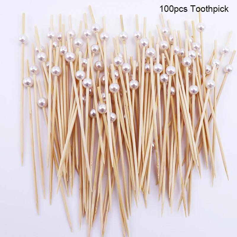 100Pcs White Pearl Bamboo Food Fruit Picks Wedding Party Disposable Cake Dessert Cocktail Sticks Buffet Cupcake Toothpick Skewer