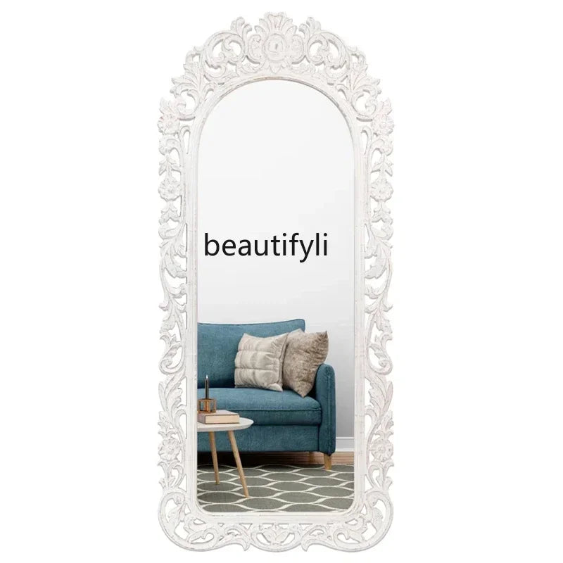 French light luxury carved living room entrance decorative mirror American retro wall-mounted full-length mirror9338