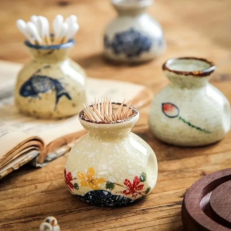 Japanese Style Ceramic Toothpick Holder Mini Retro Cotton Swab Storage Jar Simple Small Vases Decor Toothpick Dispenser Box