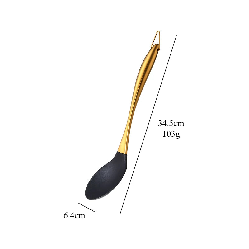 1-7PCS Cooking Tools Set Soup Scoop Slotted Spoon Turner Ladle Stainless Steel with Silicone Head Hanging Kitchen Server Pot