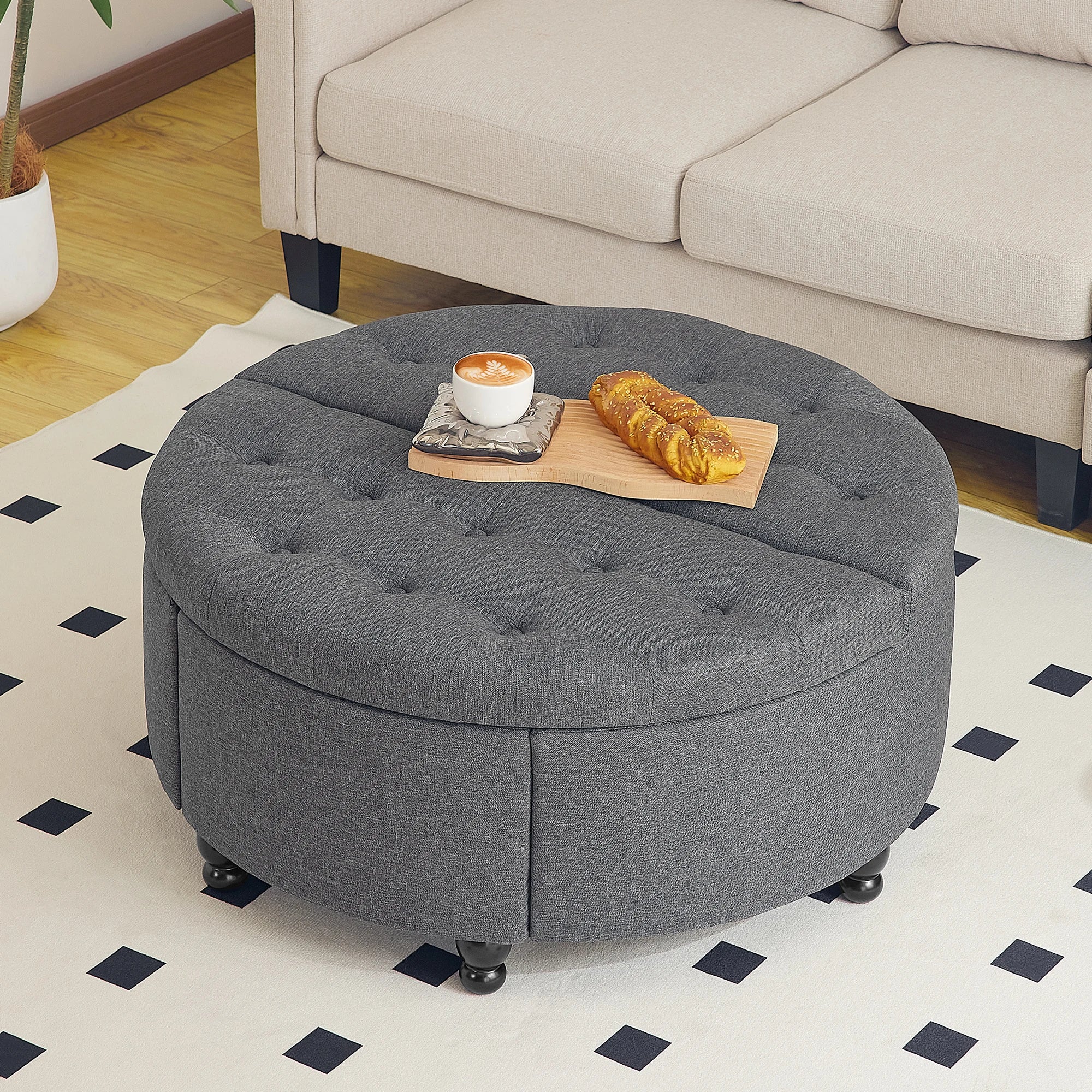Redlife 35" Round Storage Ottoman， Modern Button Tufted Coffee Table Lift Off Lid  Upholstered Footstool for Living Room Bedroom
