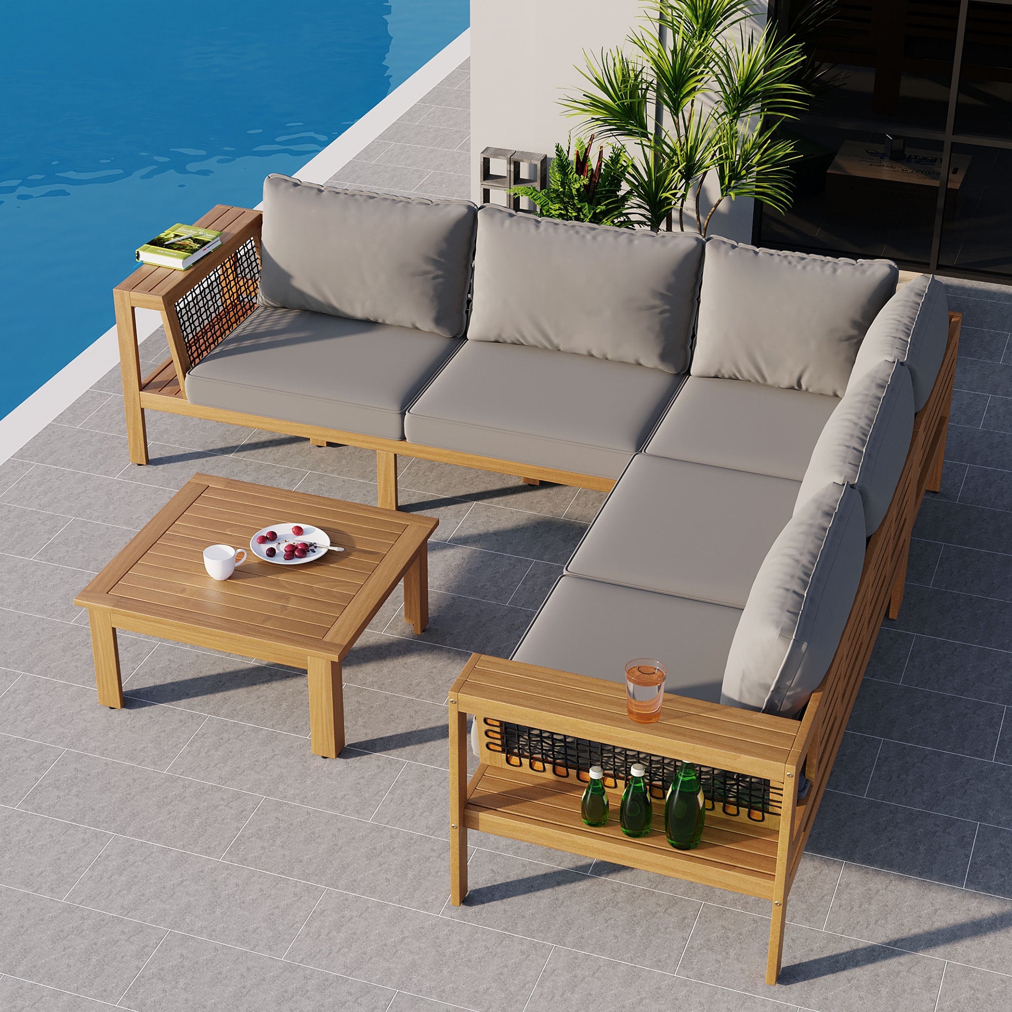 4 Pieces Outdoor Acacia Wood Sofa Set, Woven Mesh Armrests, L-Shaped SHIPPING ONLY IN USA