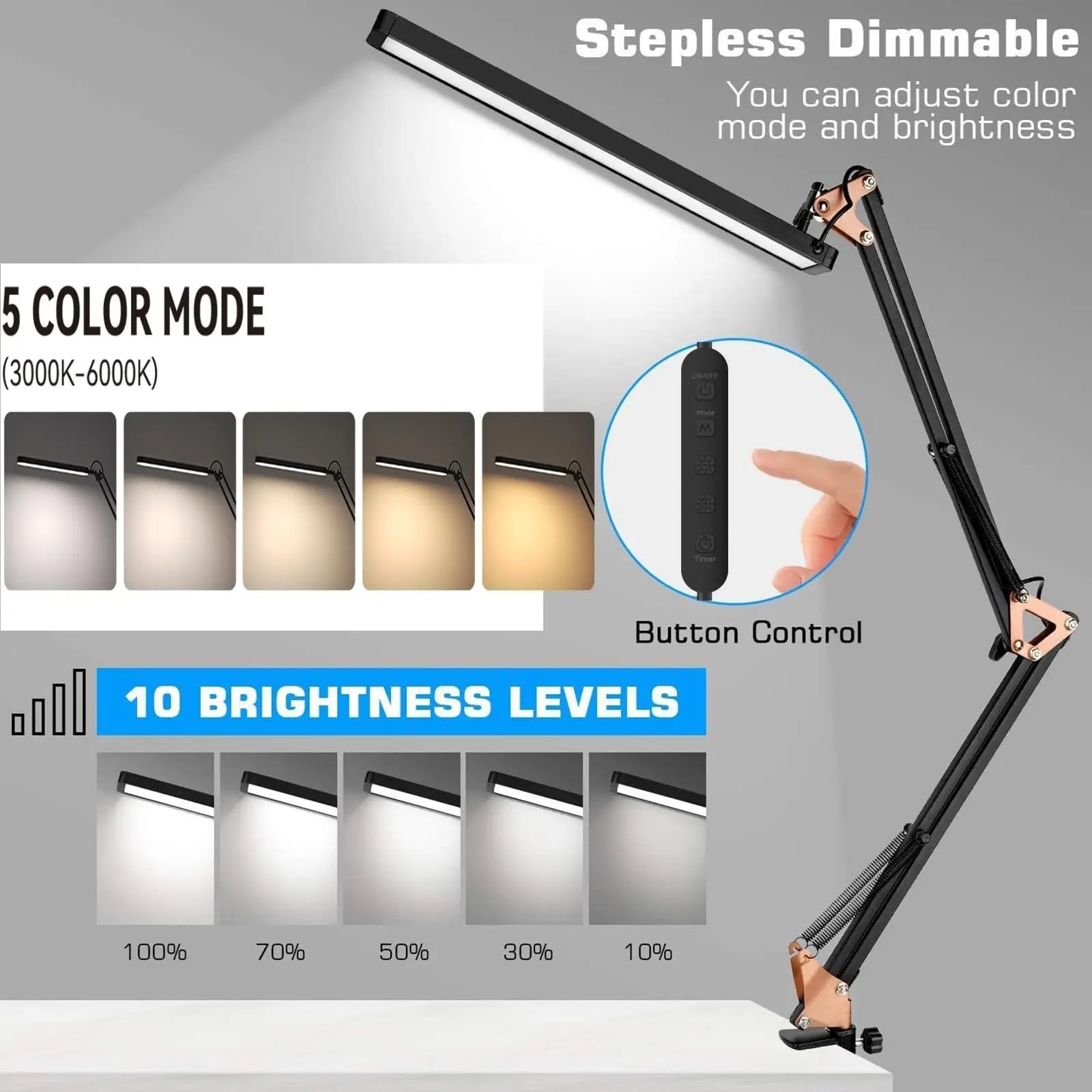 LED Desk Lamp Long Arm Foldable Clamp Adjustable Eye Caring Light with 3 Color Modes Dimmable for Reading Study and Office Work
