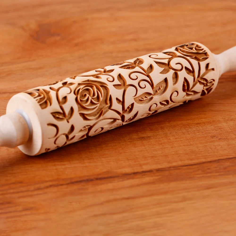 Arjmide 35X4.5CM Deep Engraved Wooden Rose Flower Embossed Rolling Pin for Baking 3D Cookies Mold Tools ZM153