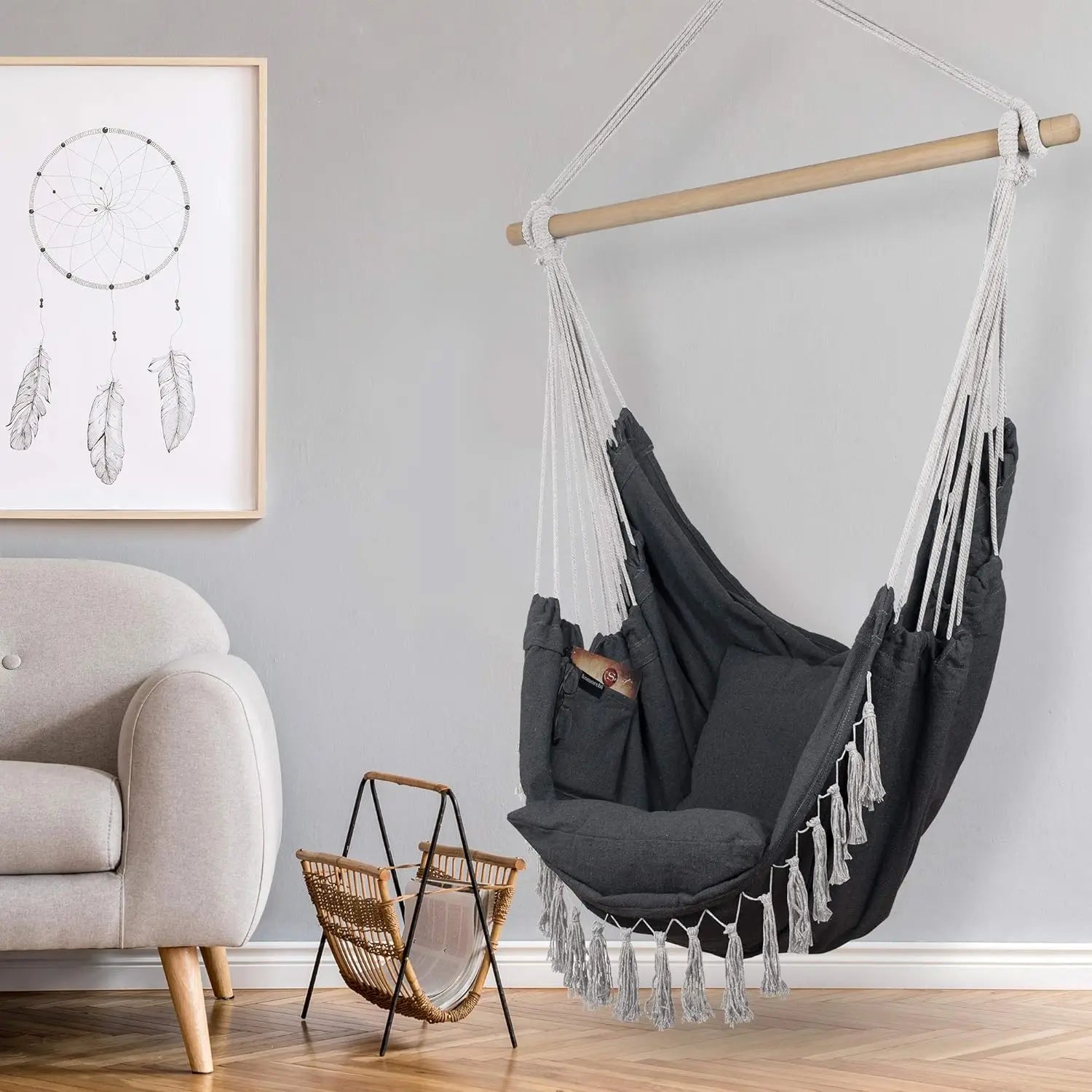 Macrame Hanging Chair with 2 Pillows | 500lb Capacity Cotton Rope Swing | Pocket Design Indoor/Outdoor Use
