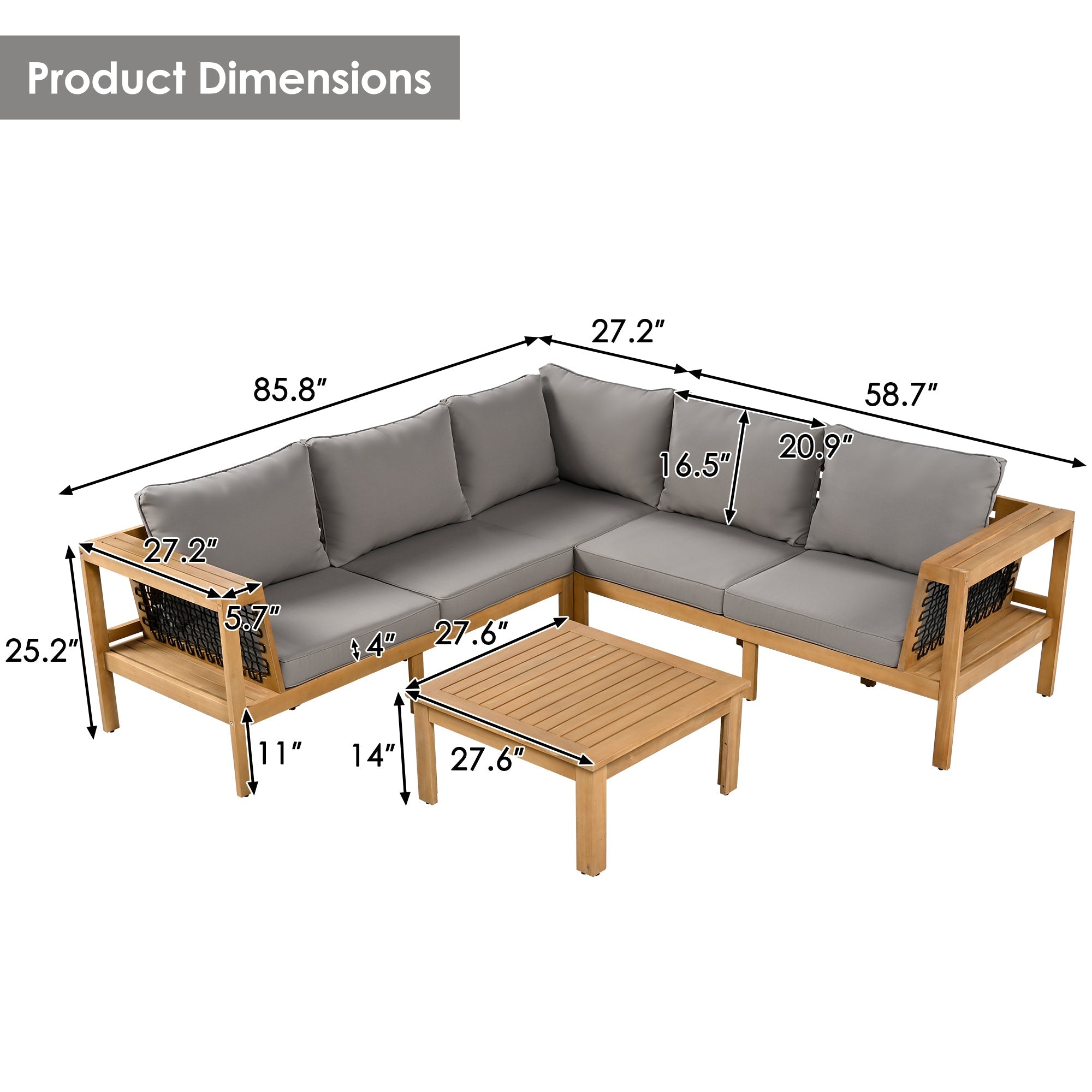 4 Pieces Outdoor Acacia Wood Sofa Set, Woven Mesh Armrests, L-Shaped SHIPPING ONLY IN USA