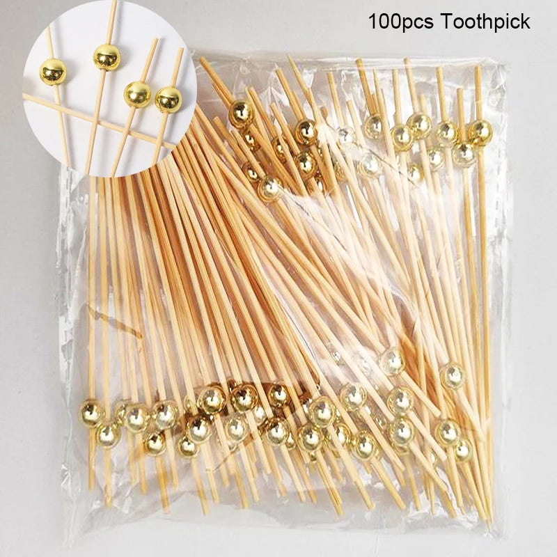 100Pcs White Pearl Bamboo Food Fruit Picks Wedding Party Disposable Cake Dessert Cocktail Sticks Buffet Cupcake Toothpick Skewer