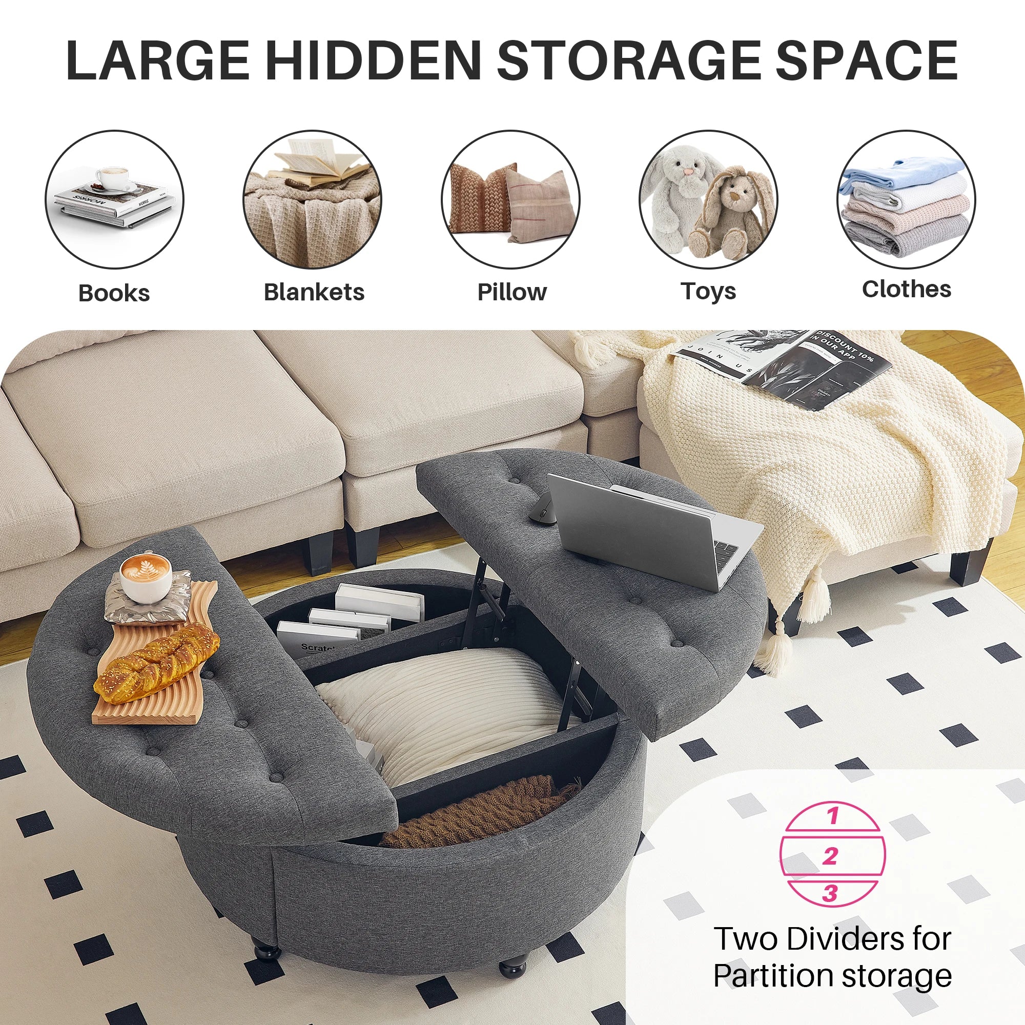 Redlife 35" Round Storage Ottoman， Modern Button Tufted Coffee Table Lift Off Lid  Upholstered Footstool for Living Room Bedroom