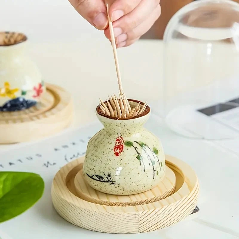 Japanese Style Ceramic Toothpick Holder Mini Retro Cotton Swab Storage Jar Simple Small Vases Decor Toothpick Dispenser Box