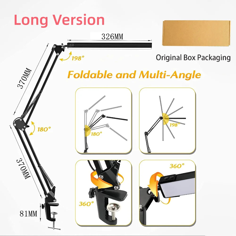 LED Desk Lamp Long Arm Foldable Clamp Adjustable Eye Caring Light with 3 Color Modes Dimmable for Reading Study and Office Work