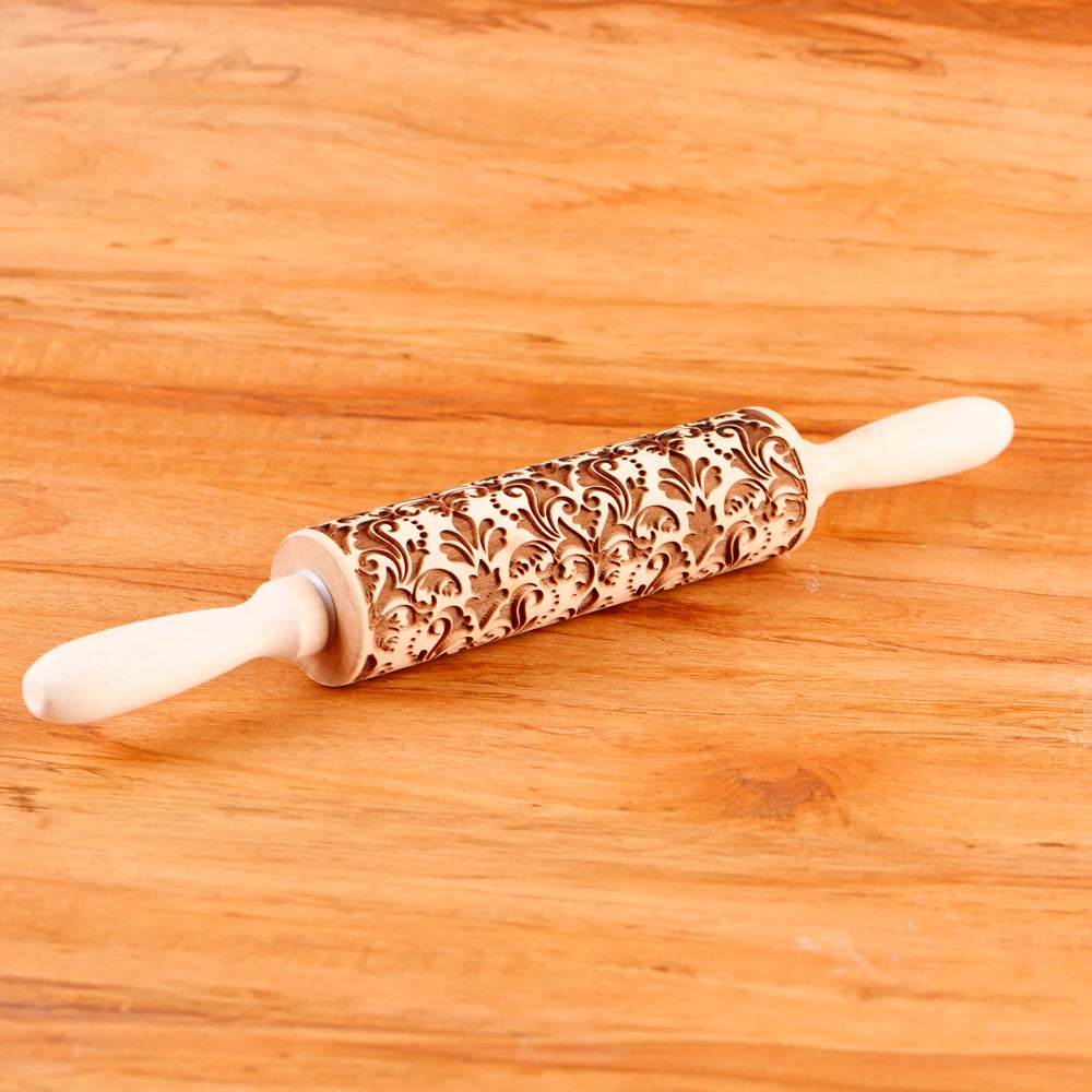 Arjmide 35X4.5CM Deep Engraved Wooden Rose Flower Embossed Rolling Pin for Baking 3D Cookies Mold Tools ZM153