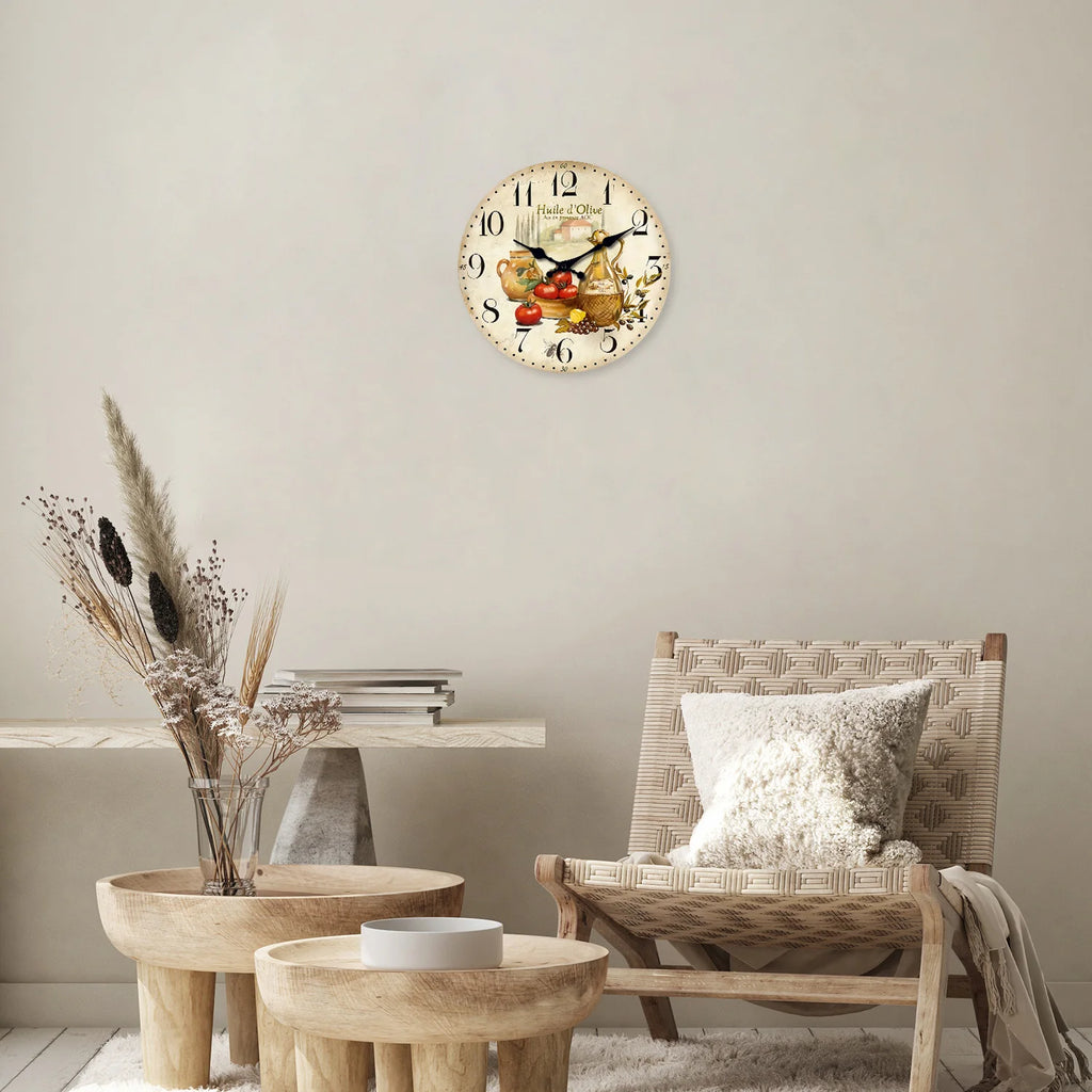 Retro Provence Olive Oil and Tomato Pattern Wooden Wall Clock Living Room Bedroom Kitchen Home Decoration Wall Clock Silent Quartz Clock Holiday Gift 10 Inches 12 Inches 14 Inches 16inch (Without Batteries)